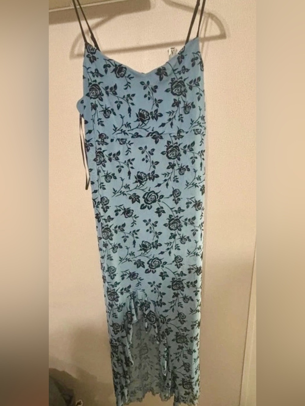 one clothing Sky Blue Slip Dress with Black Rose Print